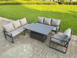 Rackhams 7 Seater Aluminium Garden Furniture Set with Adjustable Rising Dining Table Cushions for Yard, Poolside, Patio, - Dark Grey - thumbnail 1