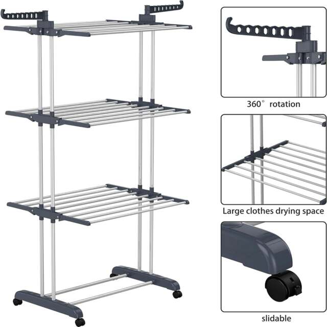 Rackhams Large Tower Clothes Airer 3 Tier Folding Drying Rack Towel Dryer Laundry Horse - image 1