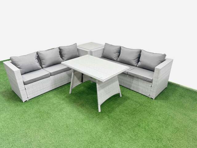 Rackhams Rattan Garden Furniture Dining Set 6 seater Patio Rectangular Table 3 Seater Sofa Set with Side Table Light Grey - image 1