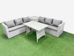 Rackhams Rattan Garden Furniture Dining Set 6 seater Patio Rectangular Table 3 Seater Sofa Set with Side Table Light Grey - thumbnail 1