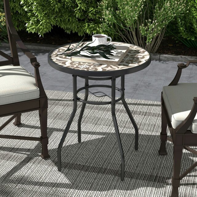 Rackhams Garden Table with Glass Printed Design for Outdoor, Multicolour - Tan - Steel, Tempered glass - 60 x 60 x 70 cm