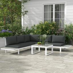 Rackhams 4 PCs Garden Set w/ 5-Level Recline Corner Conversation Sofa Set White - White - Black - thumbnail 1