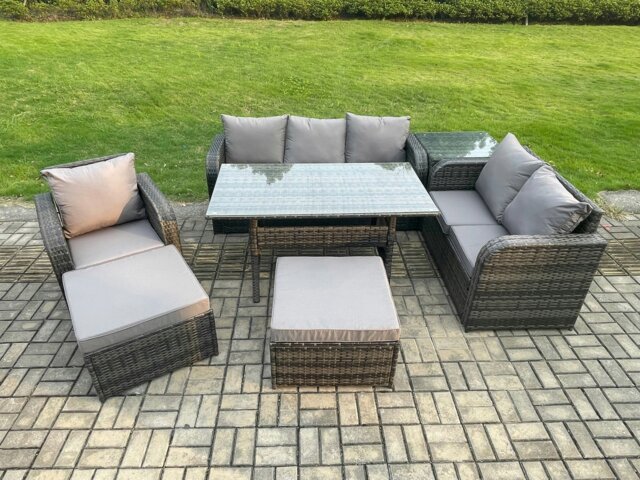 Rackhams 7 Piece Rattan Garden Furniture Set with Patio Sofa Rectangular Dining Table Side Table 2 Big Footstool Indoor Conservatory Patio Set - image 1