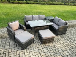 Rackhams 7 Piece Rattan Garden Furniture Set with Patio Sofa Rectangular Dining Table Side Table 2 Big Footstool Indoor Conservatory Patio Set - thumbnail 2