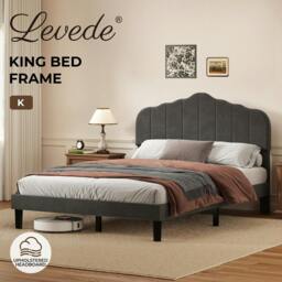 Rackhams King Upholstered Bed Frame Linen Fabric Platform Base Scalloped Headboard - thumbnail 2