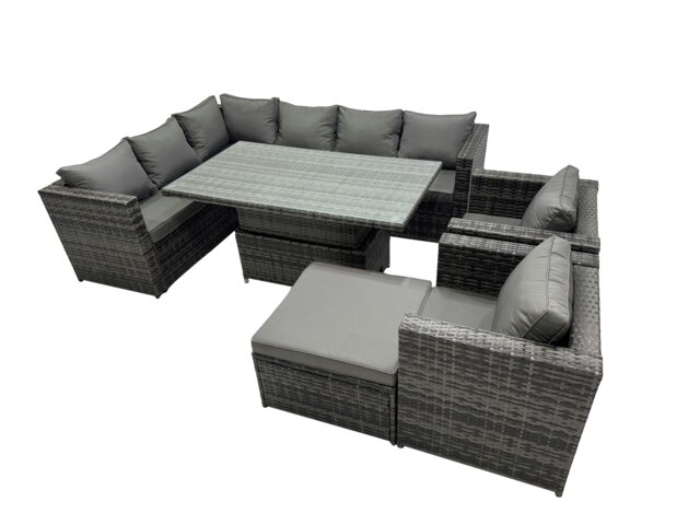Rackhams 9 seater Height Adjustable Rising Lifting Table Corner Sofa Set Rattan Garden Furniture Dining Set with Big Stool Dark Grey Mixed - image 1