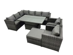 Rackhams 9 seater Height Adjustable Rising Lifting Table Corner Sofa Set Rattan Garden Furniture Dining Set with Big Stool Dark Grey Mixed - thumbnail 1