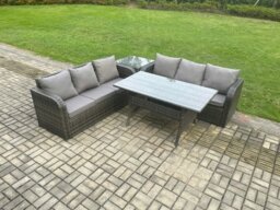 Rackhams Rattan Garden Furniture Set with Oblong Rectangular Dining Table 4 Pieces Outdoor Lounge Sofa Set Dark Grey Mixed - thumbnail 2