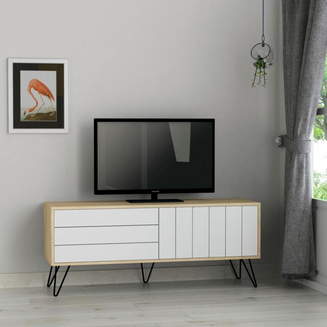 "Rackhams Picadilly Modern TV Unit Multimedia Centre Storage Cabinet 139cm for 55"" TV - White, Oak" - image 1