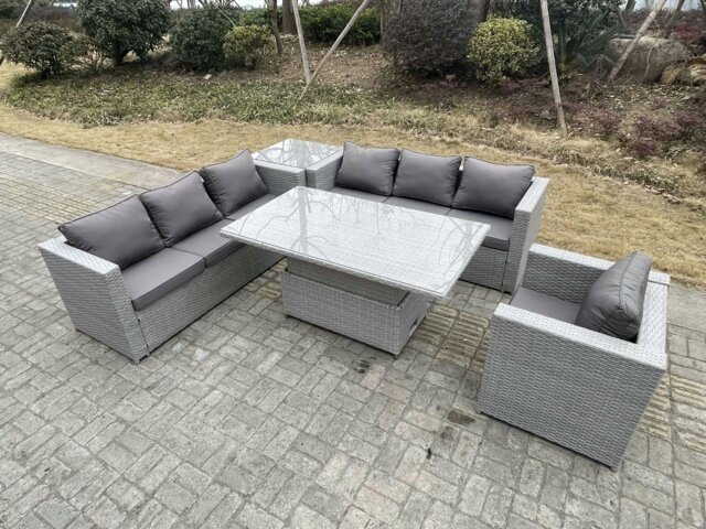 Rackhams Rattan Garden Funiture Set Adjustable Rising Lifting Table Sofa Dining Set With Arm Chair And Side Table - image 1