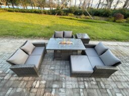 Rackhams 7-Seater Rattan Outdoor Fire Pit Dining Set - Double Sofa, Large Footstool, Side Table - Dark Grey - thumbnail 1