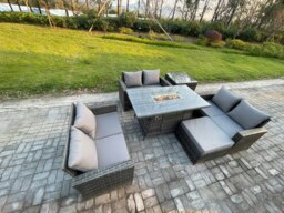 Rackhams 7-Seater Rattan Outdoor Fire Pit Dining Set - Double Sofa, Large Footstool, Side Table - Dark Grey - thumbnail 2
