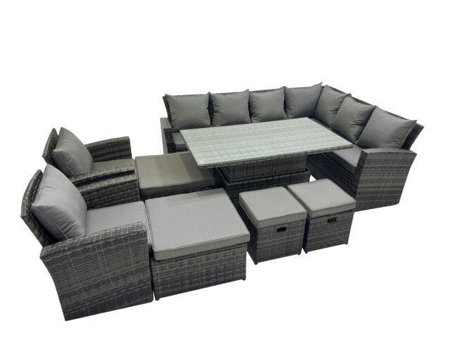 Rackhams 12 Seat Rattan Garden Furniture Corner Sofa Set Outdoor Adjustable Lifting Dining or Coffee Table Set with 4 Footstools Dark Grey Mixed - image 1