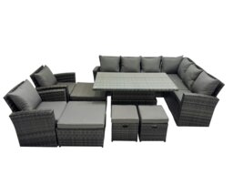 Rackhams 12 Seat Rattan Garden Furniture Corner Sofa Set Outdoor Adjustable Lifting Dining or Coffee Table Set with 4 Footstools Dark Grey Mixed - thumbnail 2