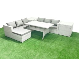 Rackhams Rattan Garden Furniture Set 7 Seater Outdoor Sofa Set with Dining Table 2 Side Tables Big Footstool Light Grey Mixed - thumbnail 2