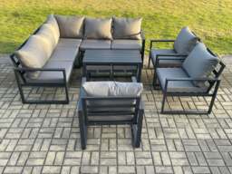 Rackhams 10 Seater Aluminium Outdoor Garden Furniture Set Patio Lounge Sofa with Oblong Coffee Table Chair 2 Small Footstools Dark Grey - thumbnail 2