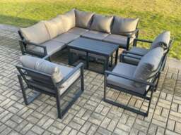 Rackhams 10 Seater Aluminium Outdoor Garden Furniture Set Patio Lounge Sofa with Oblong Coffee Table Chair 2 Small Footstools Dark Grey - thumbnail 1