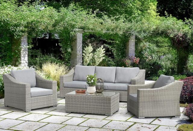 Rackhams Friston Rattan Garden Furniture Set Sofa Armchairs & Coffee Table Set - Pale Stone, Grey - Aluminium, Polyester (PES), Synthetic Rattan & Tempered Glass - image 1