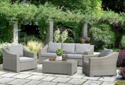 Rackhams Friston Rattan Garden Furniture Set Sofa Armchairs & Coffee Table Set - Pale Stone, Grey - Aluminium, Polyester (PES), Synthetic Rattan & Tempered Glass