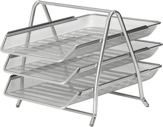 Rackhams Mesh Letter Filing Trays Stackable A4 Desk Tidy Paper Document Office Organiser, Metal Executive Wire Holder - Silver - image 1