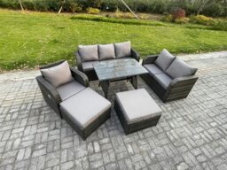 Rackhams Rattan Garden Furniture Dining Set 8 seater Patio Rectangular Table 2 Big Footstool Love Sofa Reclining Chair Dark Grey Mixed - thumbnail 2