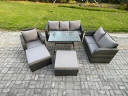 Rackhams Rattan Garden Furniture Dining Set 8 seater Patio Rectangular Table 2 Big Footstool Love Sofa Reclining Chair Dark Grey Mixed - thumbnail 1