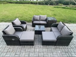 Rackhams Garden Furniture Set Rattan Outdoor Lounge Sofa Chair With Tempered Glass Table 2 Big Footstool Side Table Dark Grey Mixed - thumbnail 1