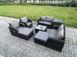 Rackhams Garden Furniture Set Rattan Outdoor Lounge Sofa Chair With Tempered Glass Table 2 Big Footstool Side Table Dark Grey Mixed - thumbnail 2