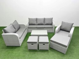 Rackhams 9-Seater Patio Sofa Set - Light Grey PE Wicker Rattan Outdoor Furniture with Coffee Table & Reclining Chair - thumbnail 1