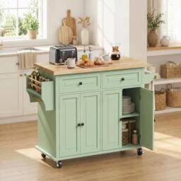 Rackhams Rolling Kitchen Island Cart with Rubber Wood Top, Spices, Light Green - thumbnail 1
