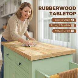 Rackhams Rolling Kitchen Island Cart with Rubber Wood Top, Spices, Light Green - thumbnail 4