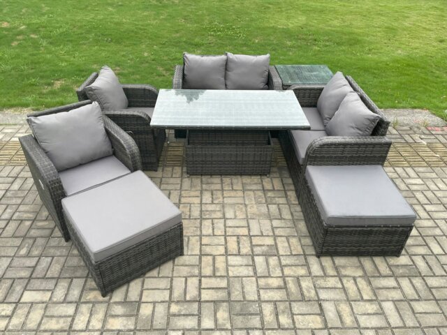 Rackhams 8 Seater Rattan Furniture Garden Dining Set Outdoor Height Adjustable Rising lifting Table Love Sofa Chair With Side Table 2 Footstools - image 1