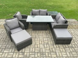 Rackhams 8 Seater Rattan Furniture Garden Dining Set Outdoor Height Adjustable Rising lifting Table Love Sofa Chair With Side Table 2 Footstools