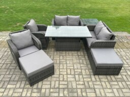 Rackhams 8 Seater Rattan Furniture Garden Dining Set Outdoor Height Adjustable Rising lifting Table Love Sofa Chair With Side Table 2 Footstools - thumbnail 2