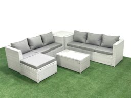 Rackhams Garden Outdoor PE Rattan Furniture Set 7 Seater Rattan Garden Sofa Set with Big Footstool Side Table Light Grey Mixed - thumbnail 1
