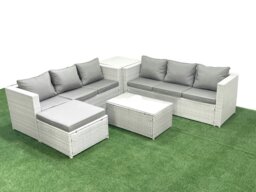 Rackhams Garden Outdoor PE Rattan Furniture Set 7 Seater Rattan Garden Sofa Set with Big Footstool Side Table Light Grey Mixed - thumbnail 2