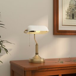 Rackhams Banker's Table Lamp w/ Antique Bronze Tone Base, White