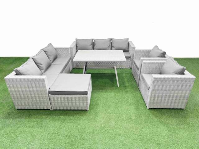 Rackhams 9 Seater Garden Furniture Set PE Rattan Garden Sofa Set with Rectangular Dining Table Big Stool Light Grey - image 1