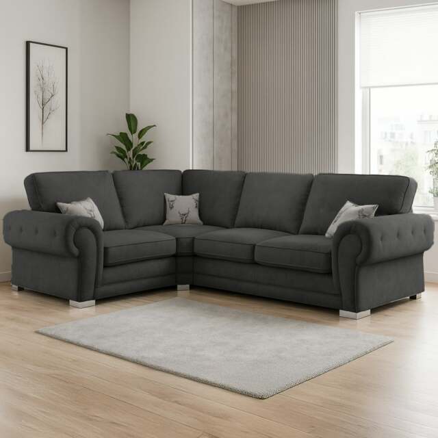 Rackhams Milan Chesterfield Fabric 4 Seater Corner Sofa - Full Back - Black - Left Hand Facing - image 1