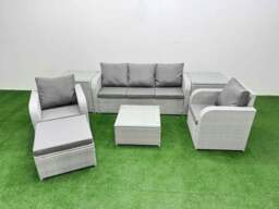 Rackhams PE Rattan Garden Furniture Set Reclining Chair Sofa Lounge Sofa Set Square Coffee Table 2 Side Table Big Footstool Light Grey - thumbnail 1