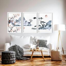 Rackhams Japanese cherry blossom tree - set of 3 framed wall art - 20 x 30 in / 50 x 76 cm - Polyester Canvas 260 gsm - Canvas wrapped