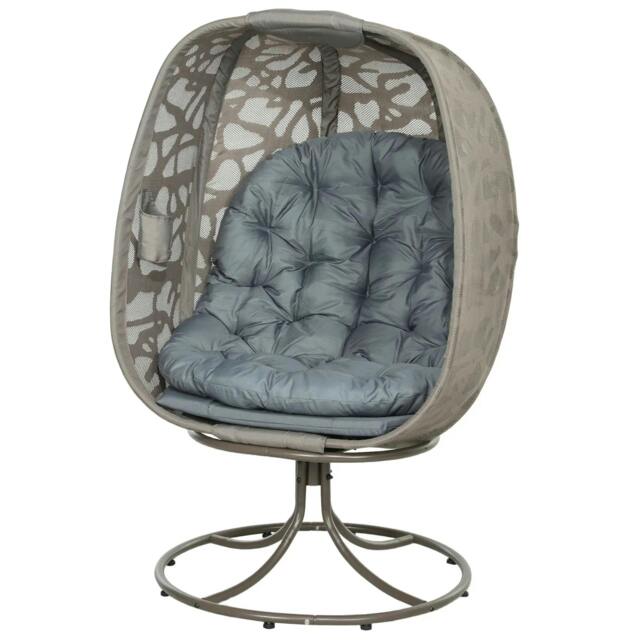 Rackhams Swivel Egg Chair with Cushions, Foldable Basket Seat and Metal Frame, Indoor Outdoor Lounge Chair for Balcony, Patio and Living Room, Grey