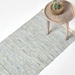 Rackhams Leather Glitter Rug - Silver & Natural - 66 x 200 cm