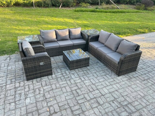 Rackhams Outdoor Rattan Garden Furniture Set Conservatory Patio Sofa Coffee Table With Reclining Chair 2 Side Tables Dark Grey Mixed - image 1