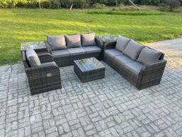 Rackhams Outdoor Rattan Garden Furniture Set Conservatory Patio Sofa Coffee Table With Reclining Chair 2 Side Tables Dark Grey Mixed - thumbnail 1