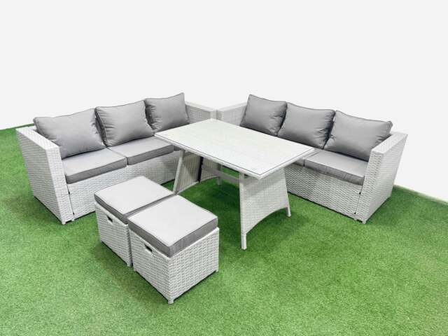 Rackhams Rattan Garden Furniture Dining Set 8 seater Patio Rectangular Table 3 Seater Sofa Set with 2 Small Stools Light Grey - image 1