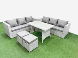 Rackhams Rattan Garden Furniture Dining Set 8 seater Patio Rectangular Table 3 Seater Sofa Set with 2 Small Stools Light Grey - thumbnail 1