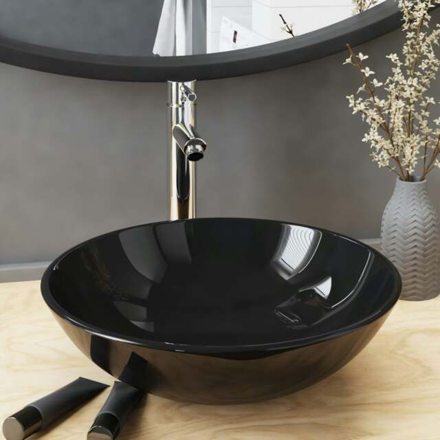 Rackhams Bathroom Sink with Tap and Push Drain Black Tempered Glass