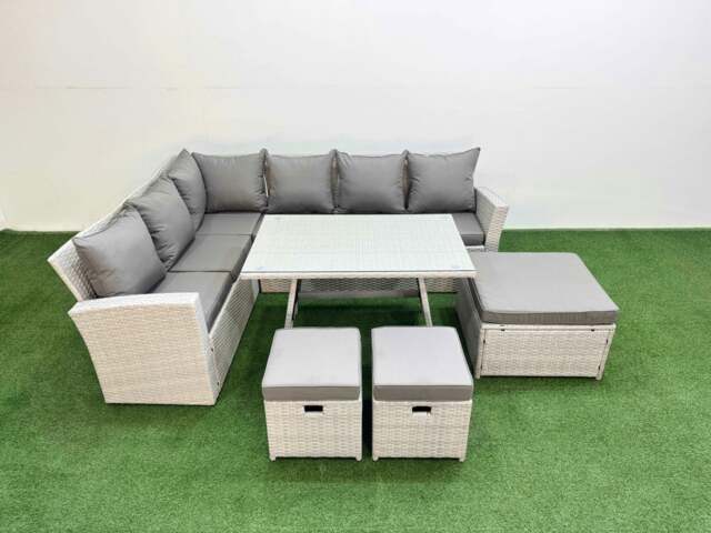 Rackhams Garden Outdoor Rattan Furniture Set Rattan Corner Sofa Oblong Dining Table Set with 3 Footstools Light Grey Mixed 9 Seater - image 1