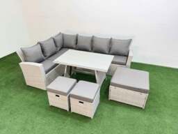 Rackhams Garden Outdoor Rattan Furniture Set Rattan Corner Sofa Oblong Dining Table Set with 3 Footstools Light Grey Mixed 9 Seater - thumbnail 2